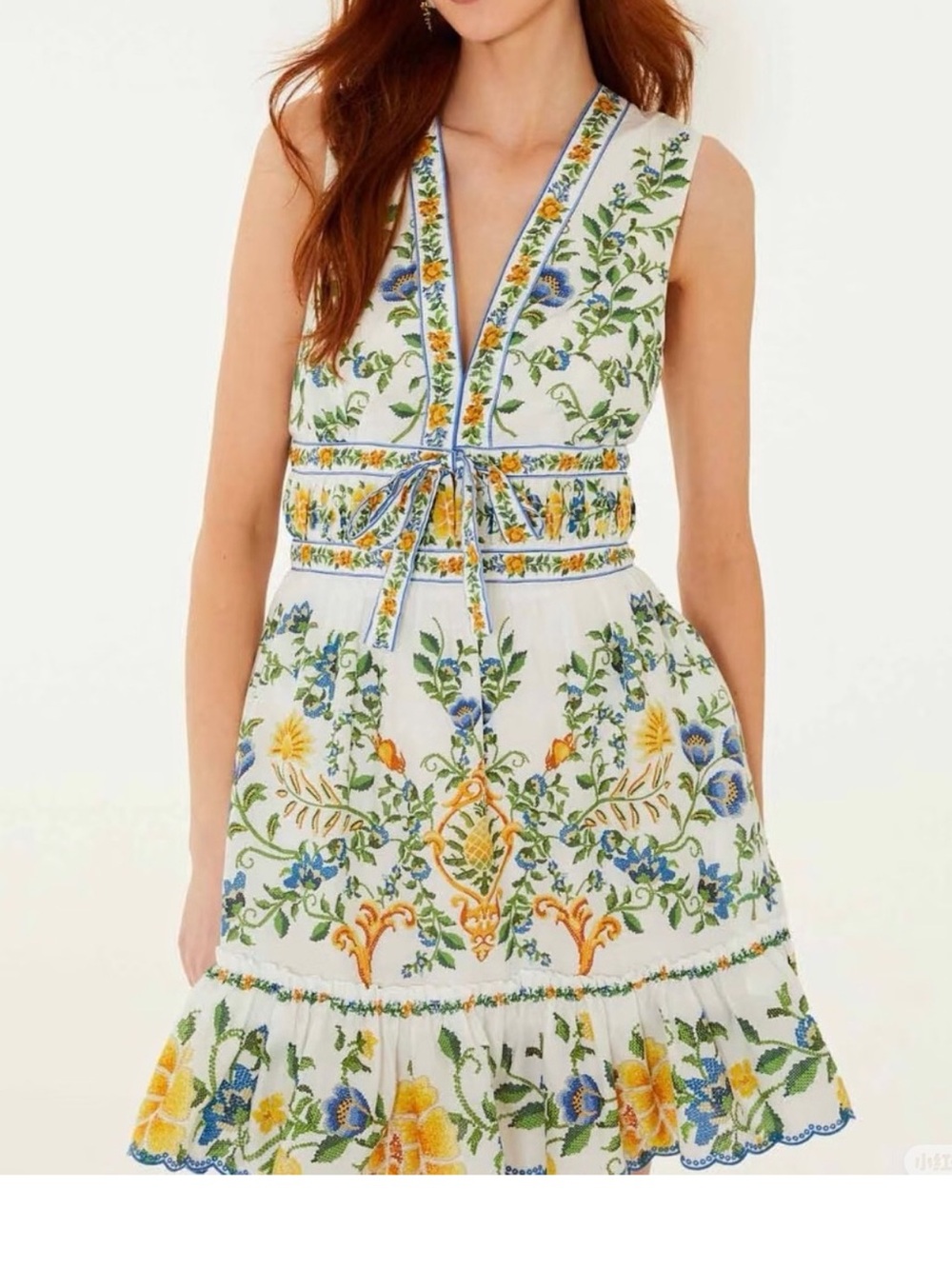 FARM Rio White Mini Dress with Yellow & Blue Floral Embroidery at Hem